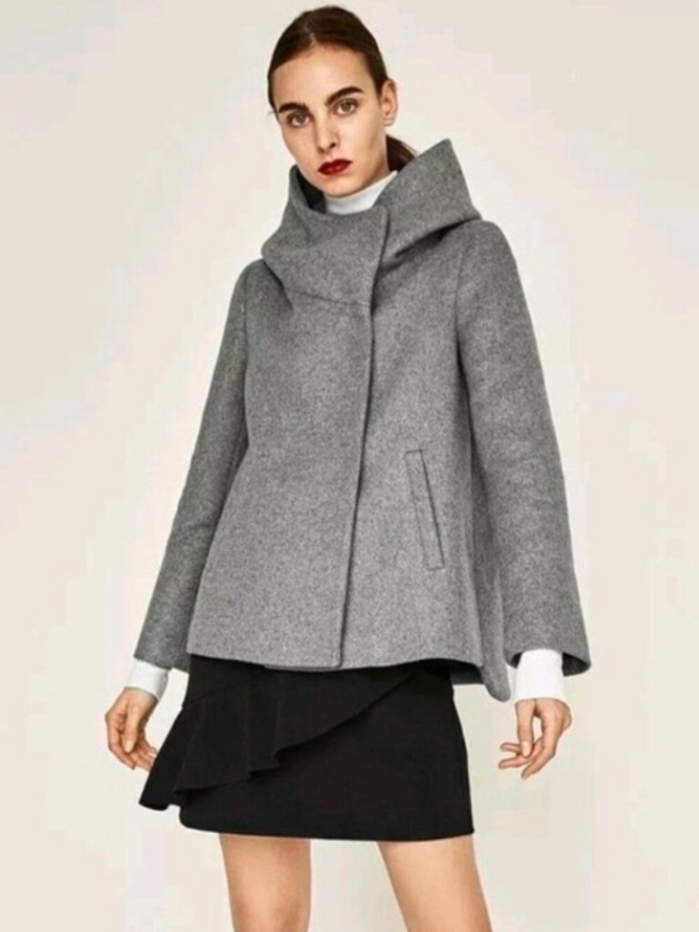 RARE Zara Woman Basic Outerwear Gray Wool Blend WrapCollar Hood FLAWED JEM!